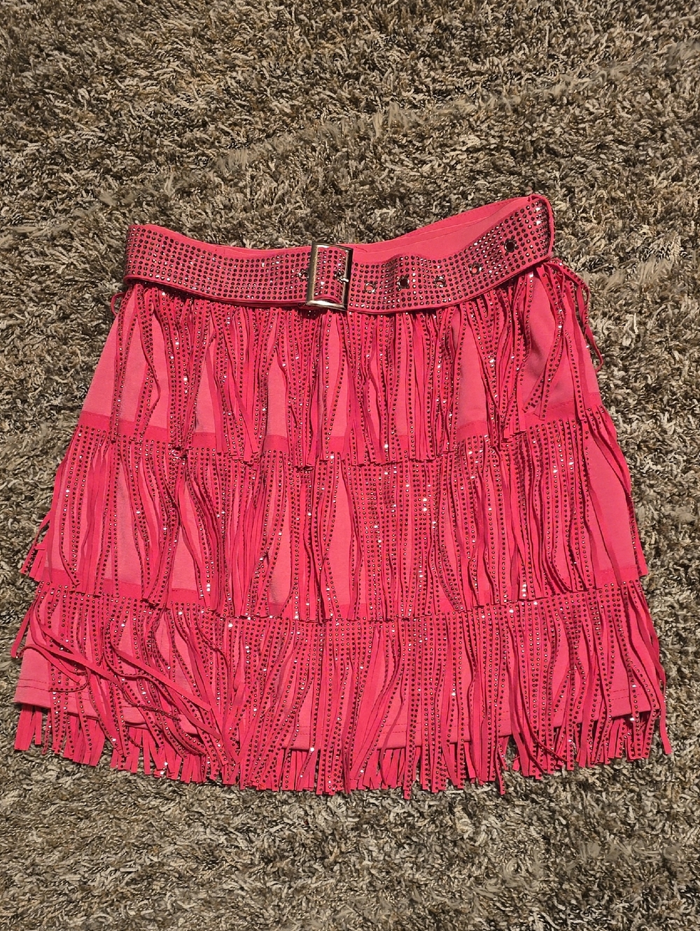 Hot Pink Fringe Mini Skirt with Studded Waist